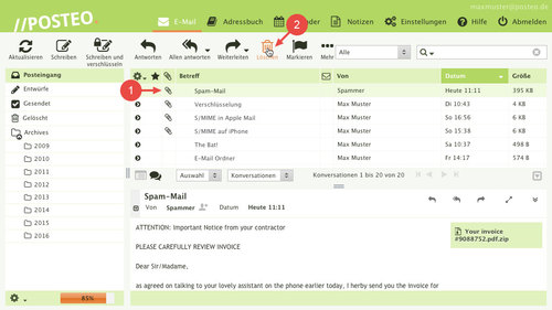 Klicken Sie eine Spam-Mail an und anschließend auf "Löschen".