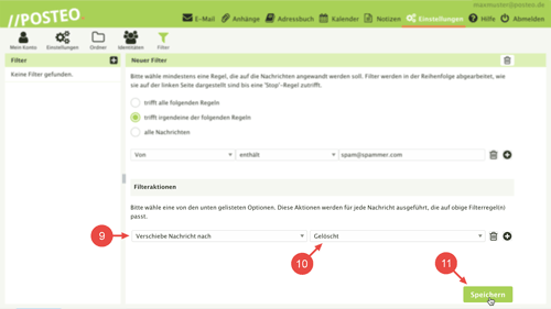 Wählen Sie unter "Filteraktionen" im ersten Auswahlmenü "Verschiebe Nachricht nach" aus. Im zweiten Auswahlmenü wählen Sie den Ordner "Gelöscht" aus und klicken dann auf "Speichern".