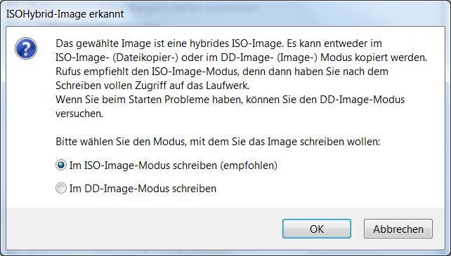 Rufus - DD- oder ISO-Image-Modus